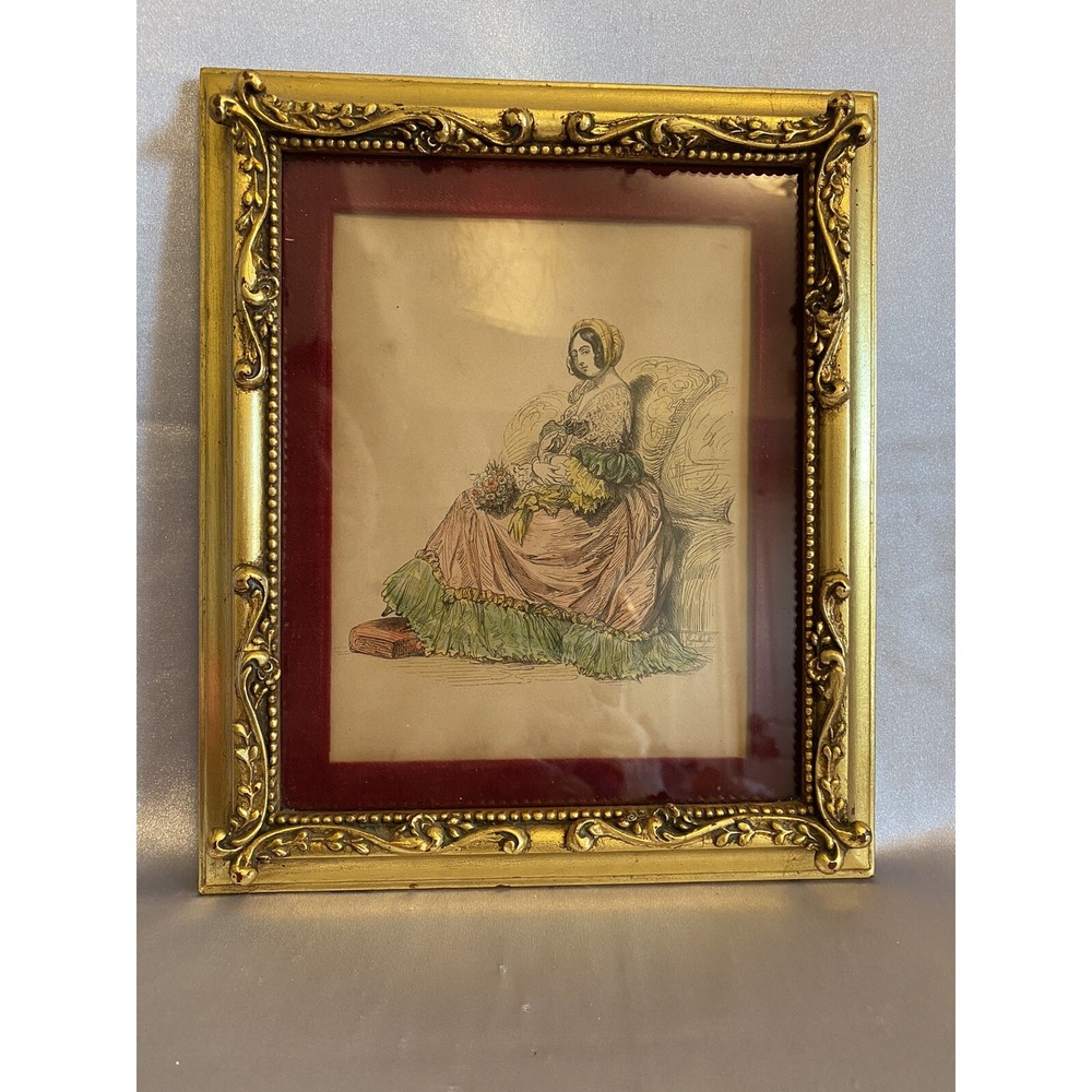 Antique/VNTG Lady Sitting Victorian Dress Lithograph Sketch Framed Art Handpaint